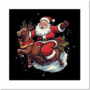 Funny Santa Ridding Raindeer Posters and Art